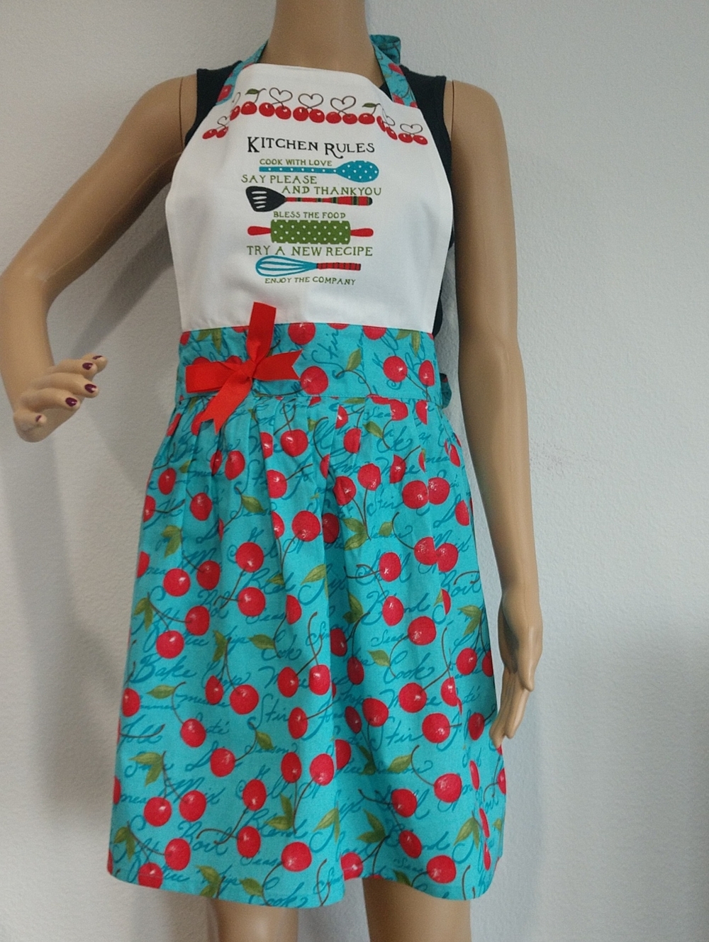 Kitchen Rules Cherry Print Apron with Red Bow
